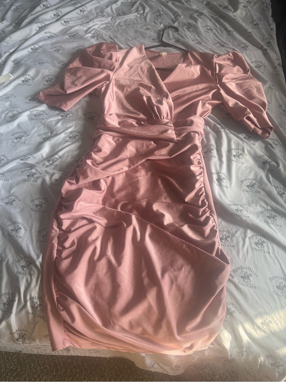 Pink Ruched V-Neck Women's Dress